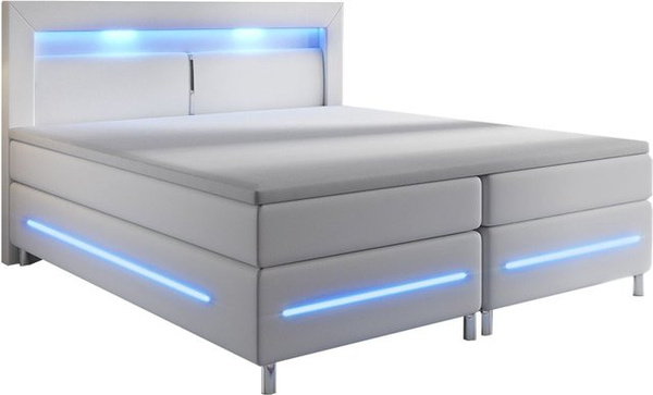 Juskys Boxspringbett Norfolk mit LED-Beleuchtung, Bonell-Matratzen und Topper, Farbe: Weiß, B/T: 140 x 200 cm