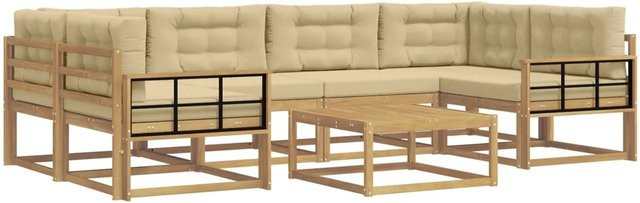 vidaXL Outdoor-Sofagarnitur in L-Form aus Akazienholz mit Kissen und Couchtisch, Weiß und Beige - Bild 1