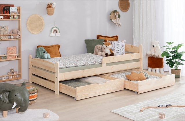 TiCAA Einzelbett Mello Kinderbett und Jugendbett aus Massivholz in Weiß im skandinavischen Design mit Schubladen - Bild 1