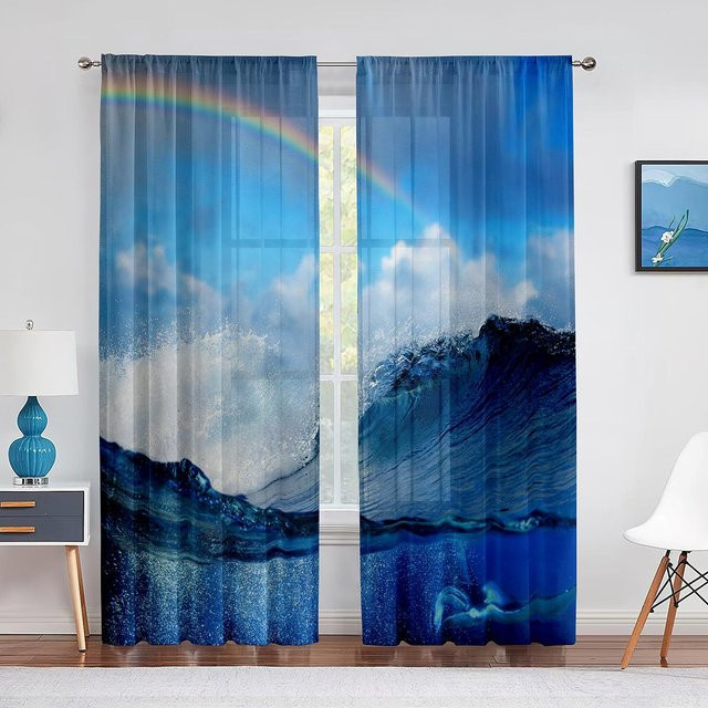 Binchi Outdoor Equipment Transparenter Chiffon-Vorhang mit Ozean- und Wellen-Motiv in Blau, Breite: 100 cm, Höhe: 250 cm - Bild 1