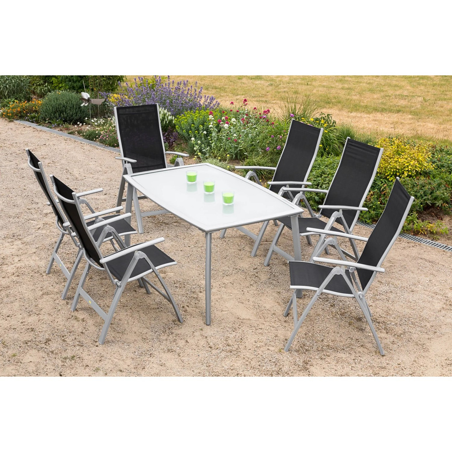 Merxx Gartenmöbelset Carrara in Schwarz mit 7 Teilen aus Aluminium, Textil und Sicherheitsglas für Garten, Terrasse oder Balkon, Tisch B: 150 cm, H: 76 cm, T: 108 cm und 6 Sitzplätzen - Bild 3