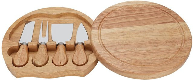 CosyHome Käsebrett-Set aus Gummiholz mit 4-teiligem Edelstahl-Zubehör, rund, beige - Bild 1
