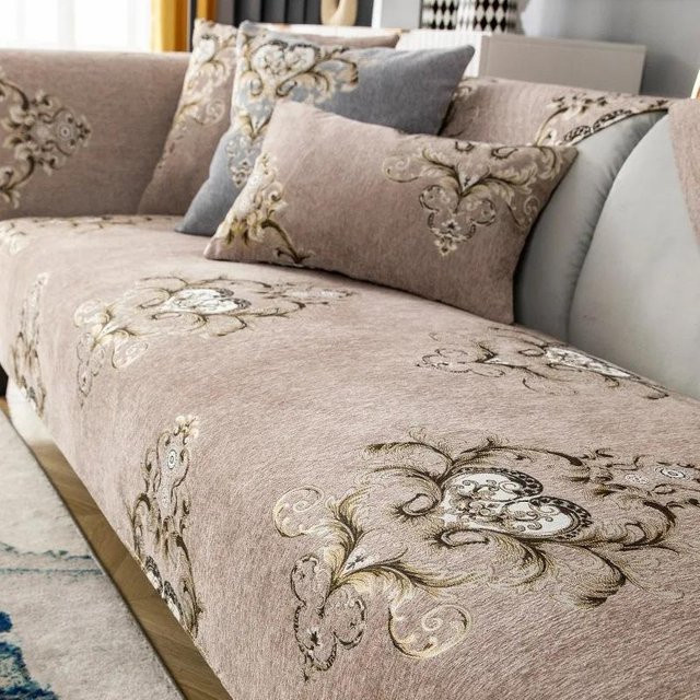 Rutschfester Chenille-Sofabezug in L-Form mit floralem Muster von Your Warm Home, Farbe Beige, Breite: 70 cm, Tiefe: 120 cm - Bild 1