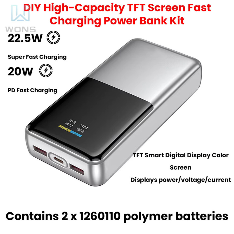 Aideepen 22,5W Schnellladungs-Powerbank DIY-Kit mit 0,96 Zoll TFT-Farbdisplay in Silber für Ternäre Lithium-Batterien, unterstützt PD/QC/SCP/VOOC - Bild 3