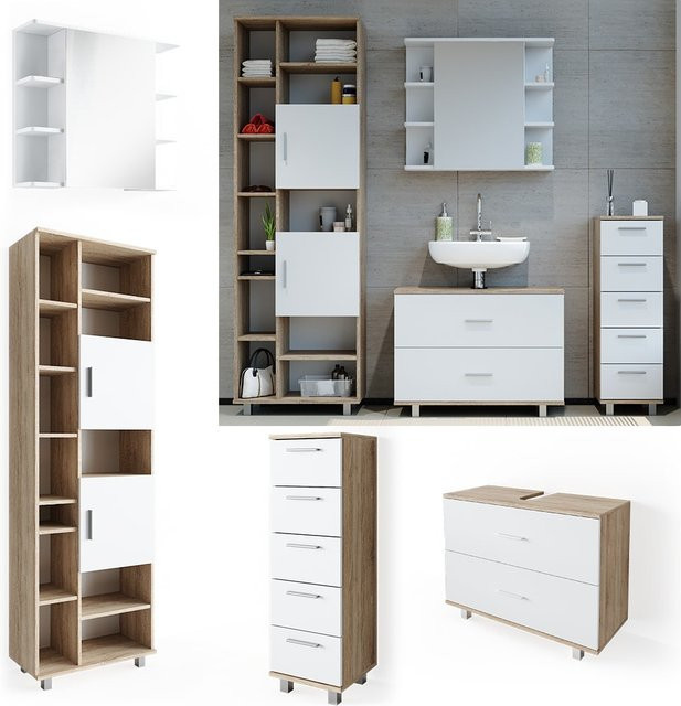 Vicco Badmöbel Set Ilias in Weiß und Eiche bestehend aus Spiegel, Kommode, Unterschrank und Badschrank - Bild 1