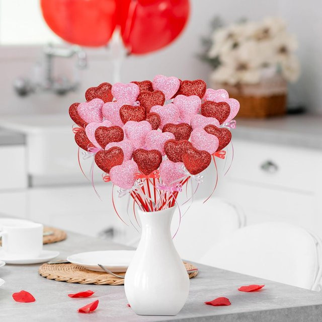 20 oder 30 Stück herzförmige Schaumstoff-Steckpicks mit Glitzer in Rosa und Rot für Hochzeitssträuße - Bild 1