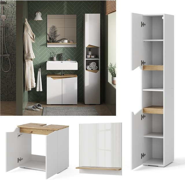 Vicco Badmöbel-Set Marelle Weiß, bestehend aus Waschtischunterschrank, Badspiegel und Hochschrank - Bild 1