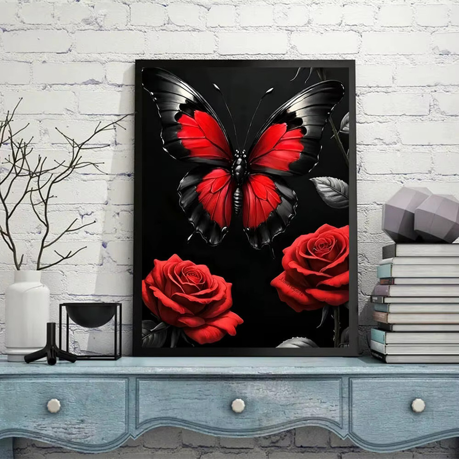 Huacan Diamant-Gemälde Schmetterling mit roten Rosen als runde Wanddekoration in Rot und Schwarz - Bild 3