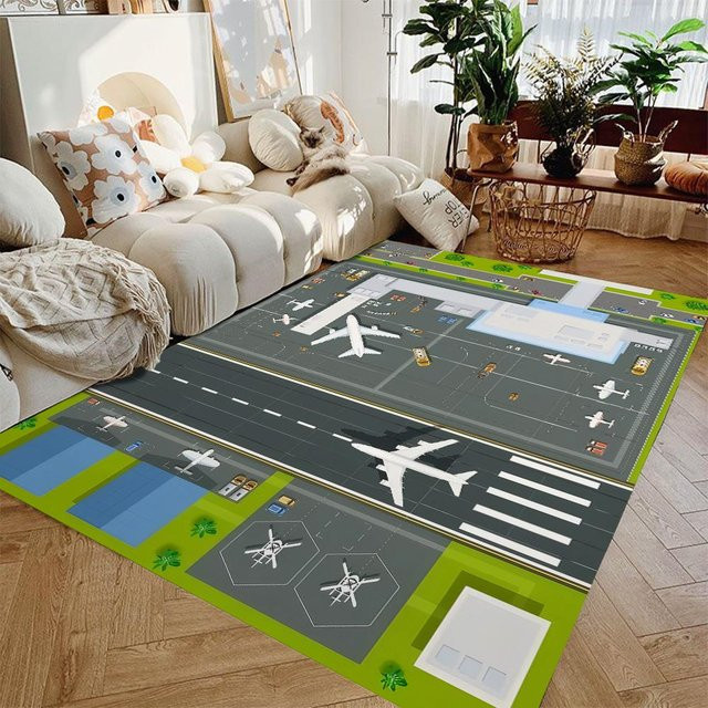 HGHT Flughafen Teppich mit Landebahn Design, rutschfester Kinderteppich für Wohnzimmer und Kinderzimmer, B/B: 80 x 120 cm, mehrfarbig - Bild 1