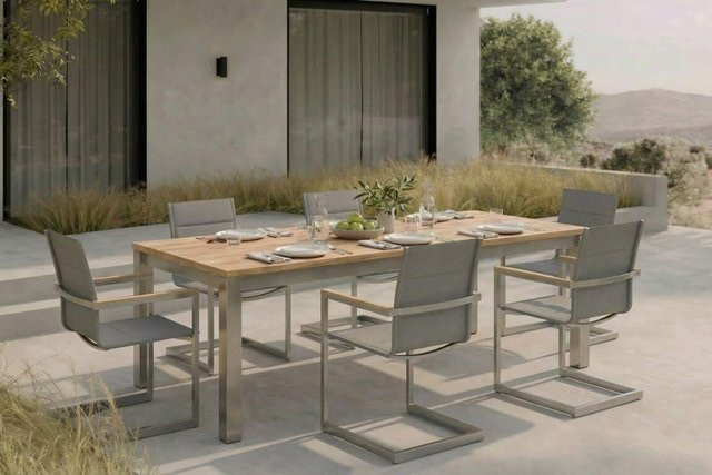 OUTFLEXX Garten-Essgruppe aus Edelstahl und Teakholz in Silber mit 6 Freischwingerstühlen und ausziehbarer Tischplatte B/T/H: 220 bis 340 x 100 cm - Bild 1
