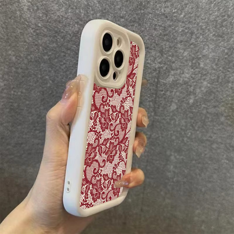 Stoßfeste iPhone Hülle mit rotem Blumen-Spitzenmuster und mattem Finish für iPhone 11 bis iPhone 16 Pro Max/Plus/Air - Bild 1