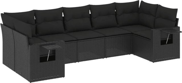 vidaXL 7-tlg Garten-Sofagarnitur in L-Form aus Poly Rattan und pulverbeschichtetem Stahl in Schwarz mit wetterfesten Kissen und Stauraum - Bild 1