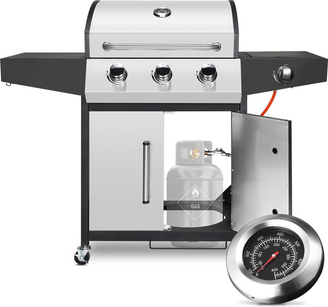 Homfa Propangasgrill mit 3+1 Brennern aus Edelstahl in Silber und Schwarz mit Beistelltisch und Seitenbrenner - Bild 1