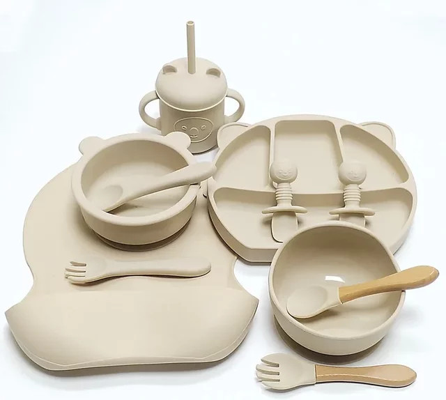 11-teiliges Baby Geschirr Set aus Silikon in Blau mit Schüssel, Löffel und Gabel für die Beikost - Bild 1