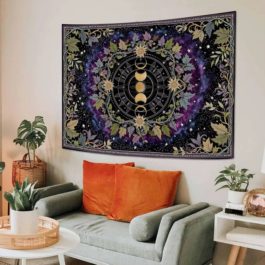 VIKAMA Wandteppich mit Hexen- und Blumenmuster, Boho Wandbehang mit Mondphasen und floralem Design in Multicolour - Bild 3