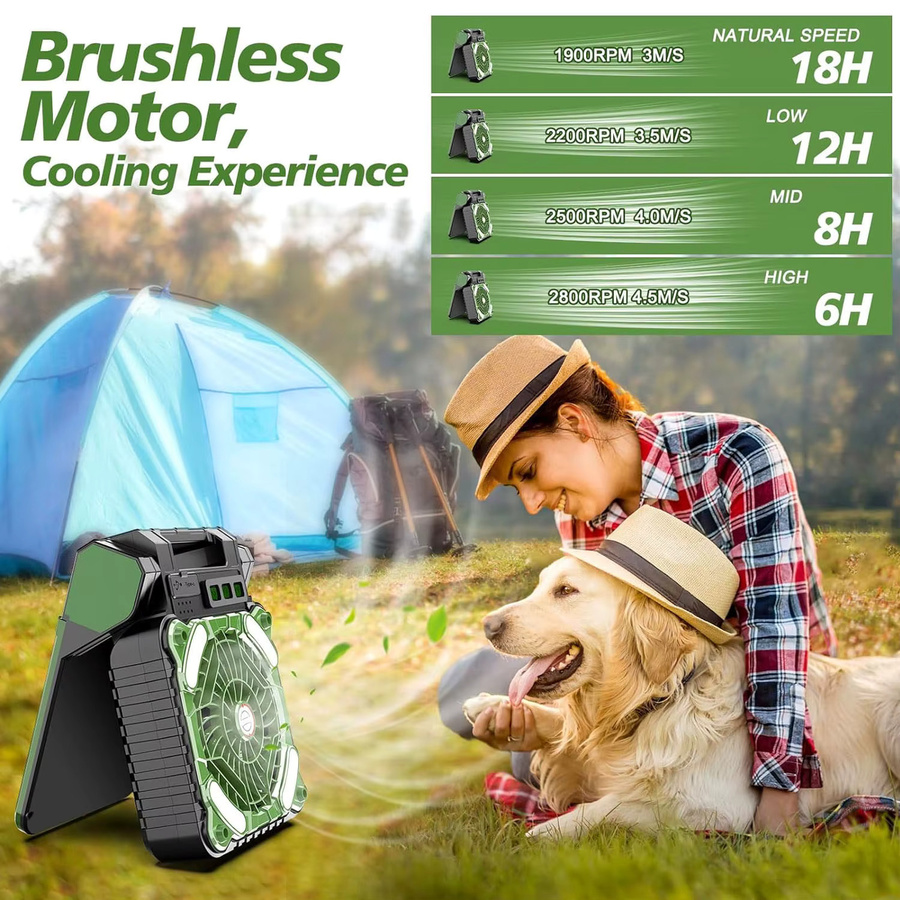 WAAJEA Solar Camping-LED-Laterne mit integriertem Ventilator, 10000mAh Akku, 4 Geschwindigkeiten und 90 Grad Faltung, Schwarz - Bild 6