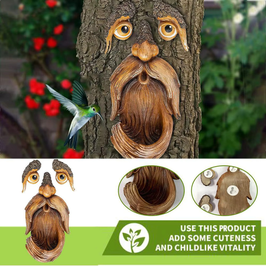 Skurrile Garten-Dekoration Alter Mann Baum Hugger Gesicht Skulptur aus Kunststoff in Braun - Bild 3