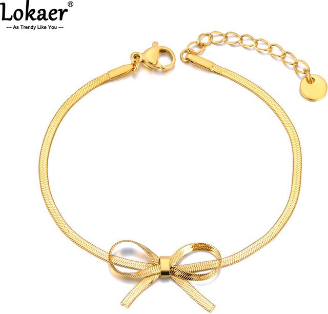 Lokaer Armband Schlangenkette Bowknot Bogen Charm, Edelstahl, Gold, Damen - Bild 1