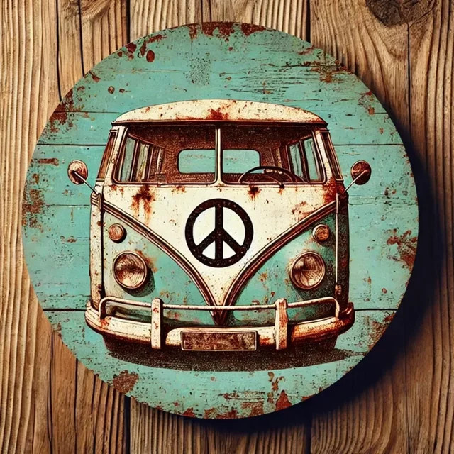 Potdemiel Vintage Hippie Van Wandkunst aus Metall, Rundes Retro Friedenszeichen Schild in Multicolour, Durchmesser: 20 cm - Bild 1