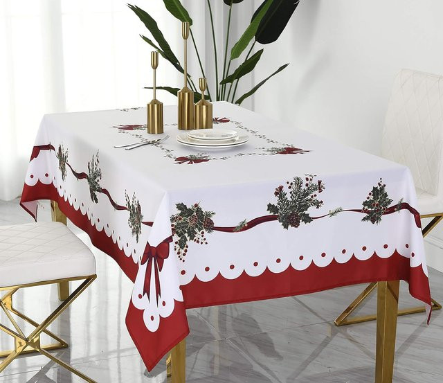 Wasserdichte Weihnachtstischdecke von JINGYUE Pet mit Stechpalmen- und Schleifenmuster, Farbe: Weiß, B/T: 140 x 140 cm - Bild 1