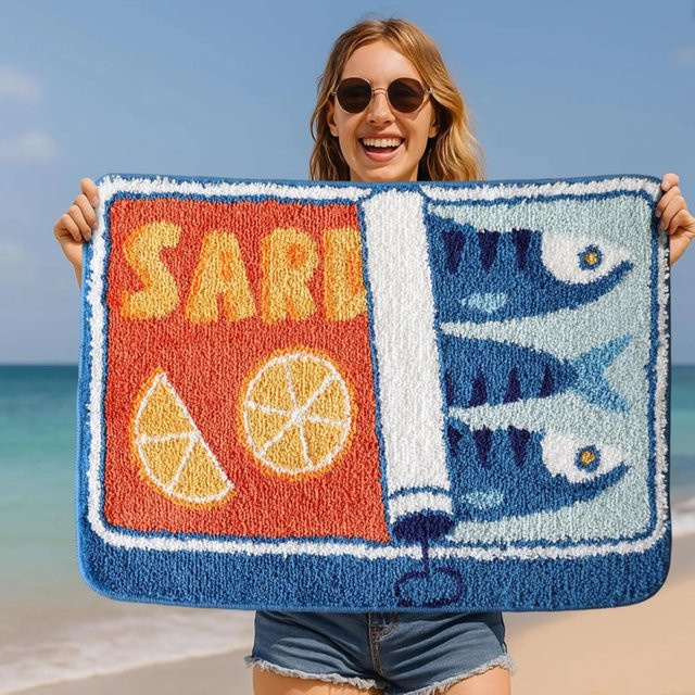 VIKAMA Badezimmerteppich Sardine Lemon Fish in Gelb und Multicolour, wasserabsorbierende und waschbare Bodenmatte für Duschraum und Heimdekoration - Bild 1