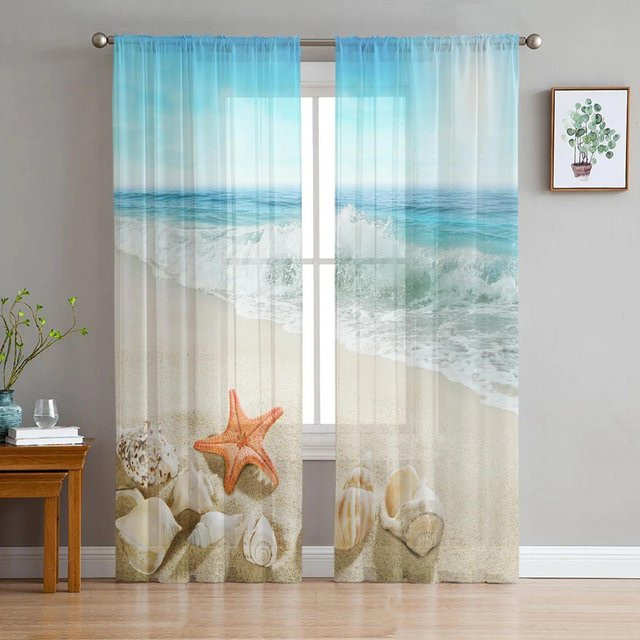 Yiran Furniture Ozean Strand Vorhang mit Seestern und Muschel Motiv in Blau, Transparentes Tüll-Voile aus Viskose, Breite: 135 cm, Höhe: 215 cm - Bild 1