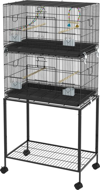 PawHut Doppelvoliere Stehender Vogelkäfig aus Stahl mit Futternäpfen, Sitzstangen, herausnehmbarem Tablett und Rollen, Schwarz, B: 46 cm, T: 77 cm, H: 164 cm, Aosom - Bild 1