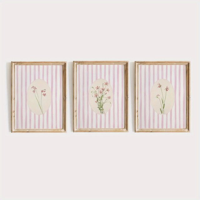 Potdemiel 3er-Set Vintage Wandkunst mit rosa gestreiften Blumenmotiven im Cottagecore Botanical Stil als rahmenlose Paper Poster in Pink - Bild 1