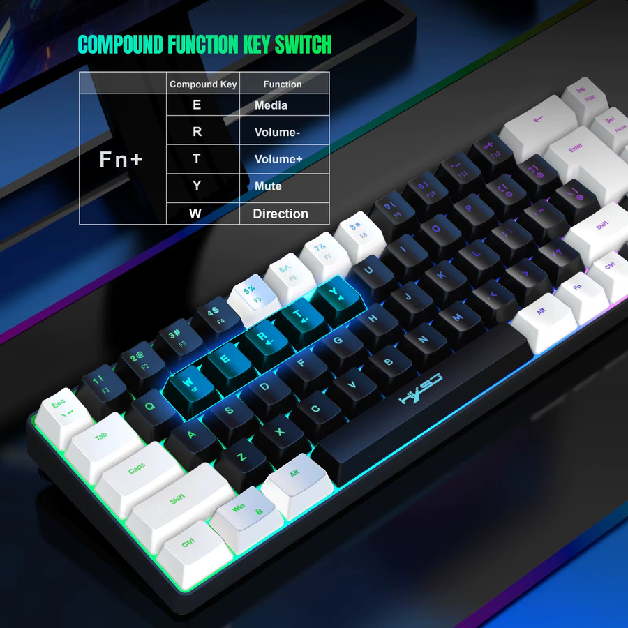 Whxmsh Gaming-Tastatur mit 68 Tasten, RGB-Hintergrundbeleuchtung, USB-Anschluss, Schwarz-Weiß-Tastenkappen für Windows-Laptops und Computer - Bild 4