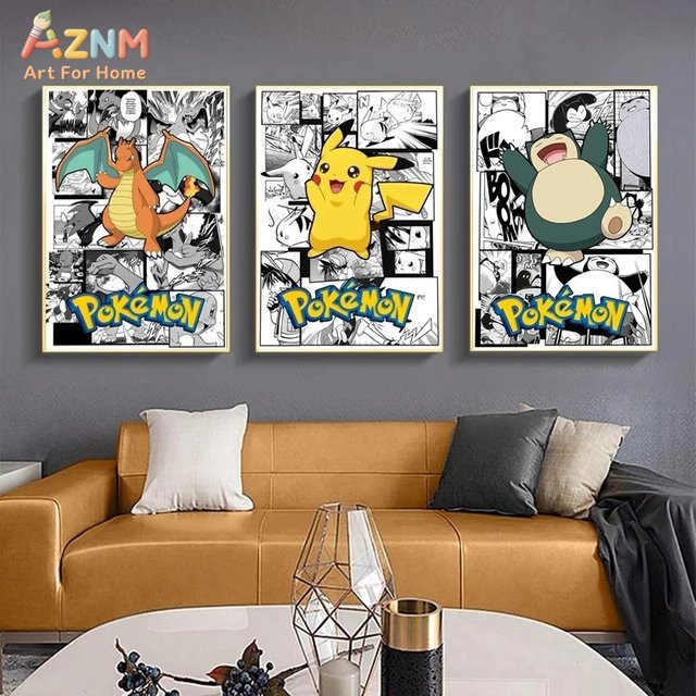 KAYOU Pokemon Manga Panel Leinwand-Wanddruck mit Charizard, Pikachu und Snorlax in Schwarz-Weiß - Bild 1
