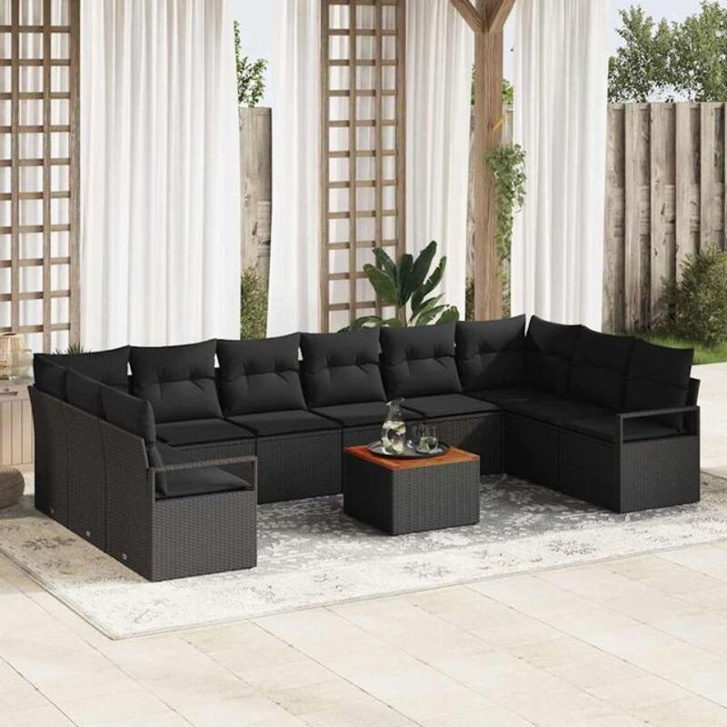 Vidaxl Garten-Sofa-Set aus Polyrattan und Akazienholz in Schwarz, 11-teilige Loungemöbel-Garnitur - Bild 1