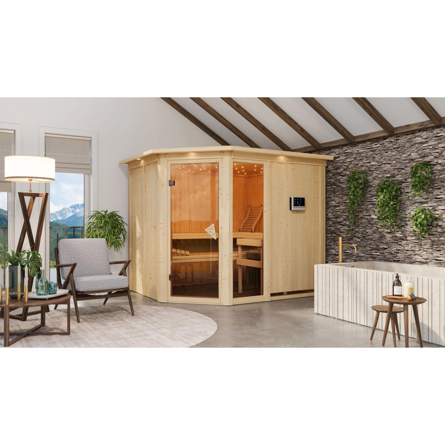 Karibu Sauna Freyja 3 in Natur mit Edelstahlofen, externem Steuergerät und Dachkran, Farbe: beige - Bild 3