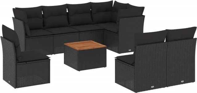 vidaXL 9-teilige Garten-Sofagarnitur in L-Form aus schwarzem Poly-Rattan mit Kissen und Tisch - Bild 1
