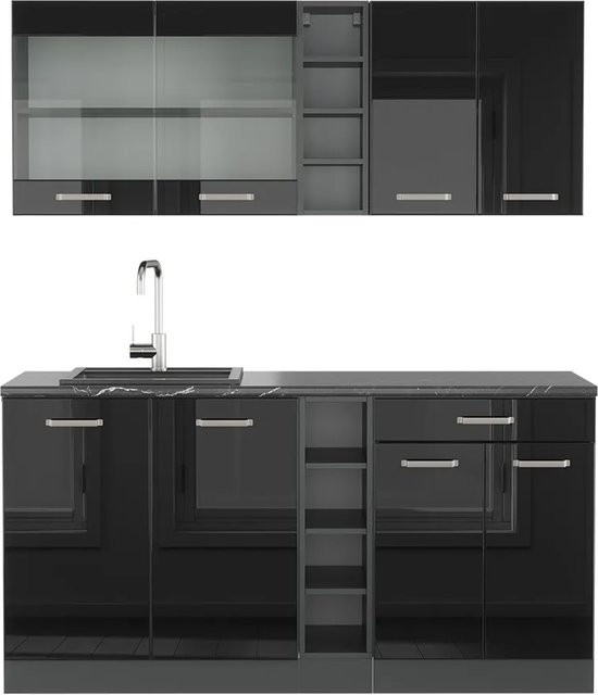 Vicco R-Line Singleküche Schwarz Hochglanz und Anthrazit, Breite: 160 cm - Bild 1
