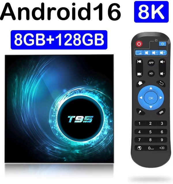 ATV T95 Smart TV Box Android 16 mit 8 GB RAM und 128 GB Speicher, 8K Streaming Media Player in Schwarz mit Bluetooth 6.0, Dual Wifi 5G und Google Assistant - Bild 1