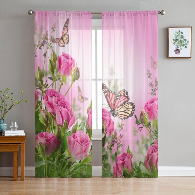 Rosa Aquarell-Tüllvorhang mit Blumenmuster aus Chiffon, transparent, Breite: 100 cm, Höhe: 250 cm - Bild 1