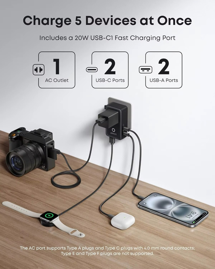 Anker Nano Reiseadapter weltweit in Schwarz mit 2 x USB-C, 2 x USB-A und 1 x AC Anschluss für über 200 Länder - Bild 4