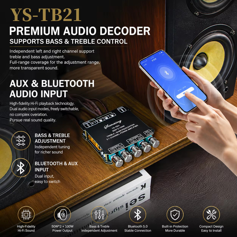 Digitaler 2.1CH Bluetooth Verstärker mit Subwoofer, 100W*2+100W, Höhen- und Bassregelung, AUX 3.5mm Jack, Schwarz - Bild 2