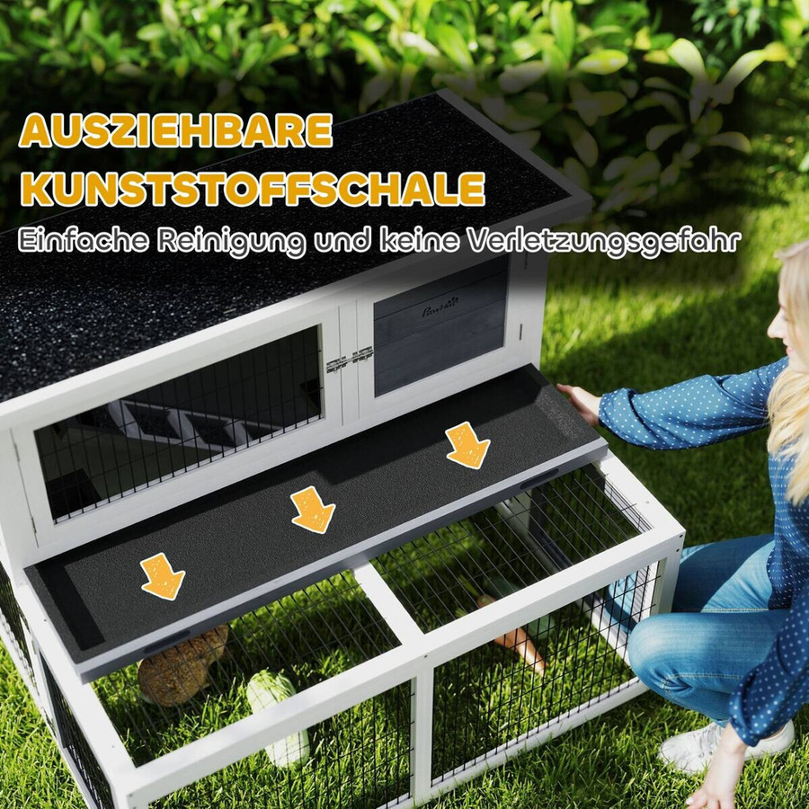 PawHut Hasenstall aus Vollholz in Grau mit 2 Ebenen, wetterfestem Doppelstockhaus und Freilaufgehege, B/T/H: 122 x 95 x 93,5 cm - Bild 6