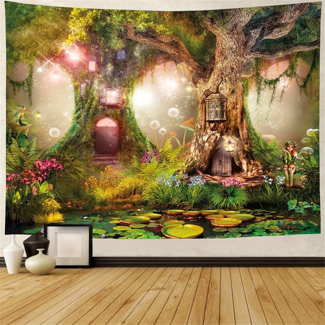 VIKAMA Fairy Forest Märchen Wandteppich mit Baumhaus und Fantasy-Motiv, Mehrfarbig, B: 60,0 cm, H: 40,0 cm - Bild 1