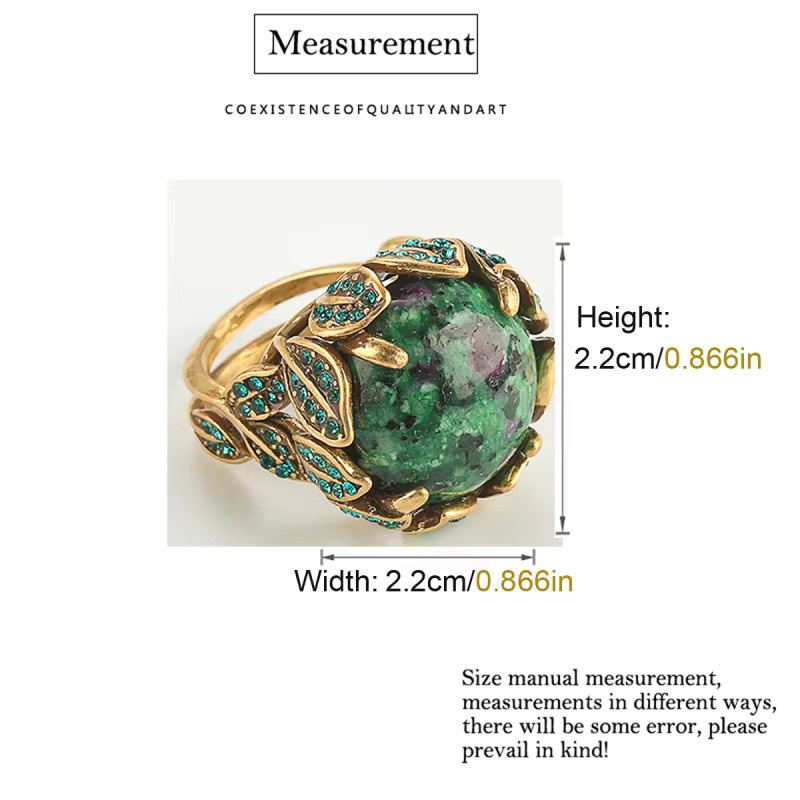 Icareu Ring, Naturstein, Moosgrün, Goldfarben, Strass-Blatt, Damen - Bild 2