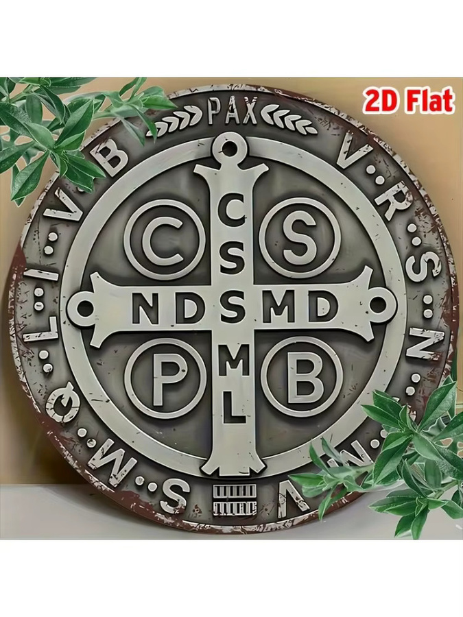 Potdemiel Retro Saint Benedict Medal Aluminium Wandkunst, rundes Metallschild in Silber, Durchmesser: 19,81 cm - Bild 4