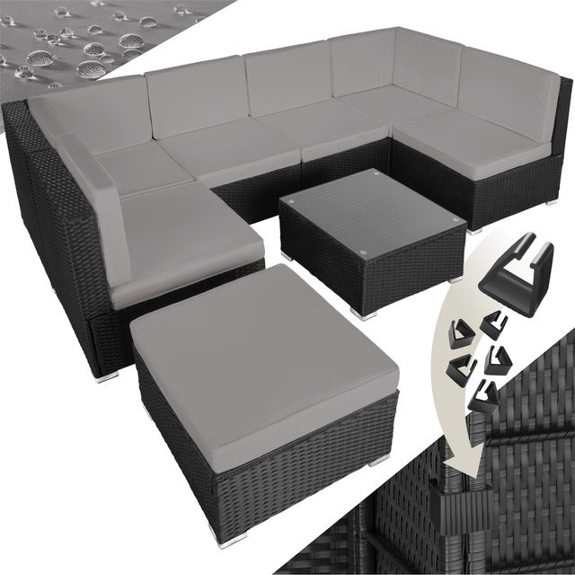 tectake Rattan Lounge Venedig Set für 6 bis 7 Personen in Schwarz Grau mit Polyrattan, UV-beständig und mit Sicherheitsglasplatte - Bild 1