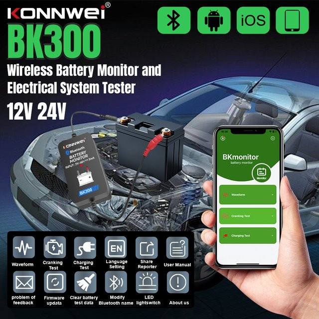 KONNWEI BK300 Blei-Säure-Starterbatterie-Analysegerät mit Bluetooth 5.0 für 12V und 24V, Schwarz - Bild 1