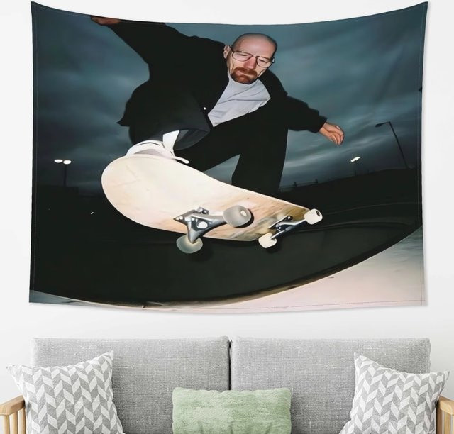 VIKAMA Wandteppich Old White Skateboard im Retro-Stil, Wanddekoration für Wohnzimmer und Sofa, Weiß/Mehrfarbig - Bild 1