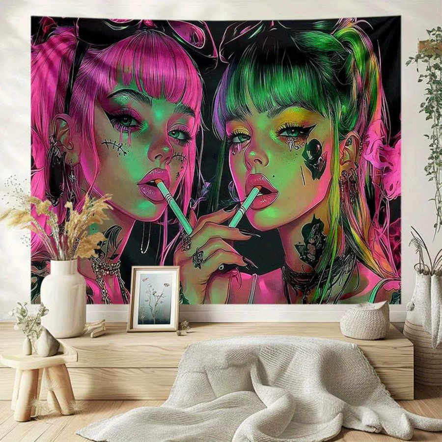 VIKAMA Cyberpunk Neon Wandteppich mit Dual Female Protagonists in Multicolour als moderne Wandkunst für dein Wohnzimmer oder Sofa - Bild 3