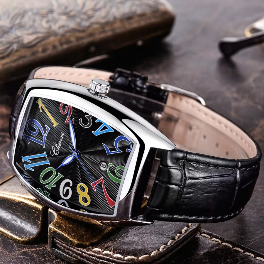 CHENXI Armbanduhr Quarz, Leder, Edelstahl, Herren, Schwarz Silber Weiß - Bild 1