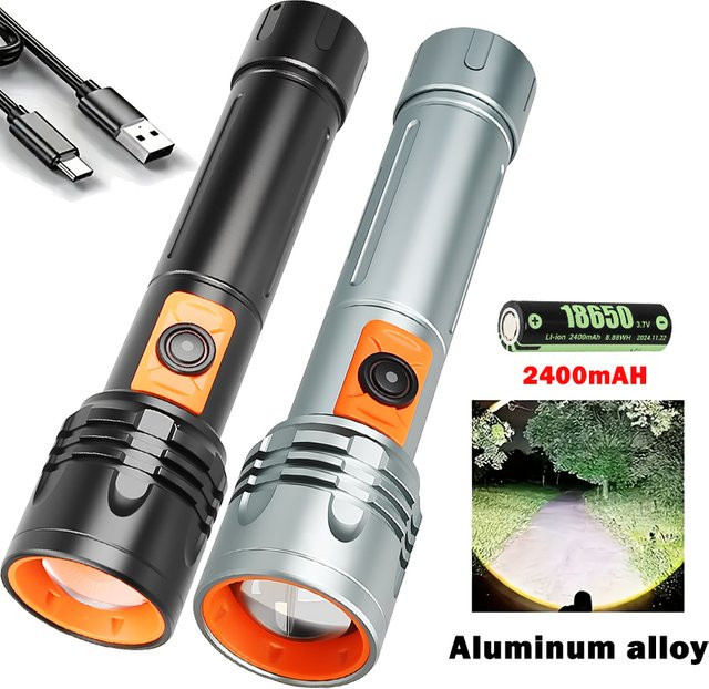 Wasserdichte LED-Taschenlampe aus Aluminiumlegierung mit taktischem Zoom und USB-Ladefunktion in Schwarz und Weiß - Bild 1