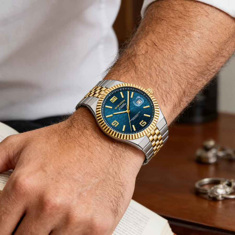 VA VA VOOM Armbanduhr Edelstahl, Bicolor, blaues Zifferblatt, Quarz, Herren - Bild 3