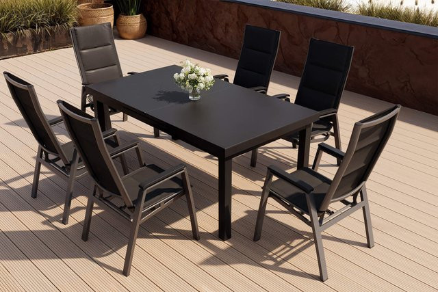 Siena Garden Garten-Essgruppe aus Aluminium und Glas in Anthrazit/Grau, ausziehbarer rechteckiger Tisch mit 7 Stühlen, modern und wetterfest - Bild 1
